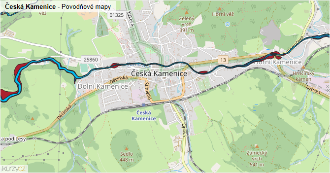 Česká Kamenice - záplavové mapy stoleté vody
