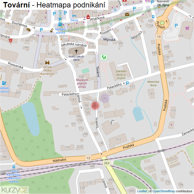 Mapa Tovární - Firmy v ulici.