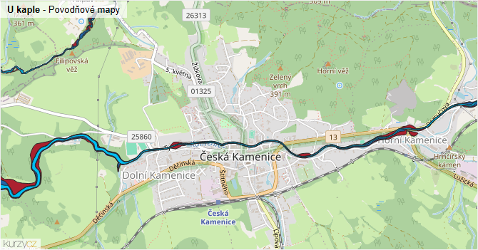 U kaple - záplavové mapy stoleté vody