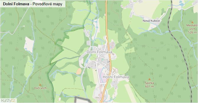 Dolní Folmava - záplavové mapy stoleté vody