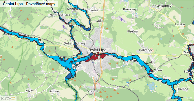 Česká Lípa - záplavové mapy stoleté vody