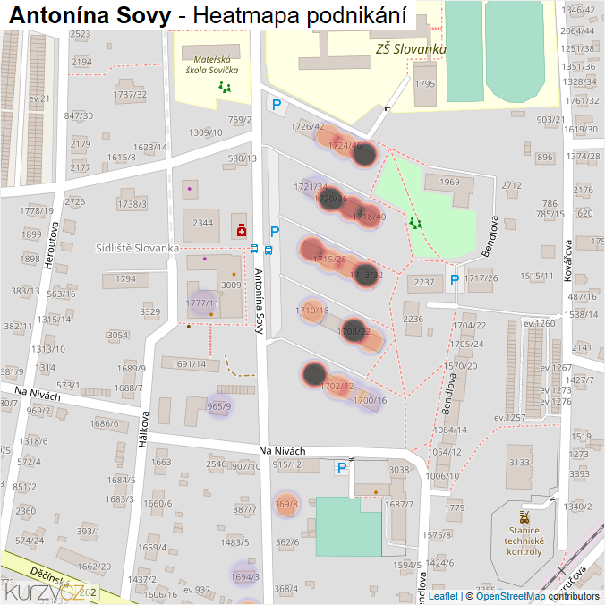 Mapa Antonína Sovy - Firmy v ulici.