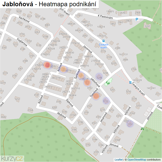 Mapa Jabloňová - Firmy v ulici.