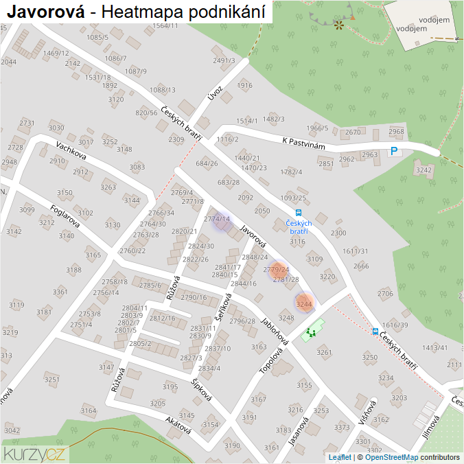 Mapa Javorová - Firmy v ulici.