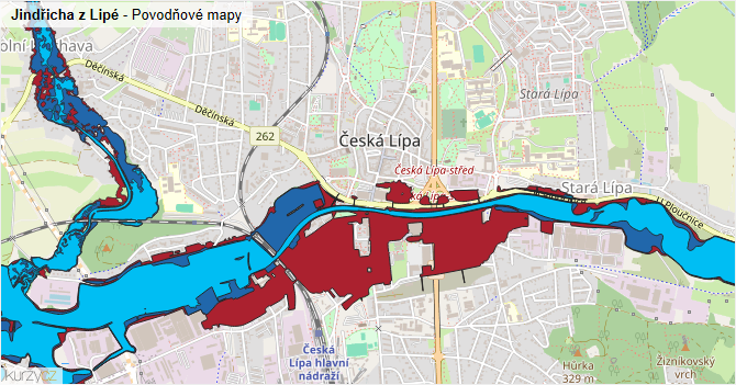 Jindřicha z Lipé - záplavové mapy stoleté vody