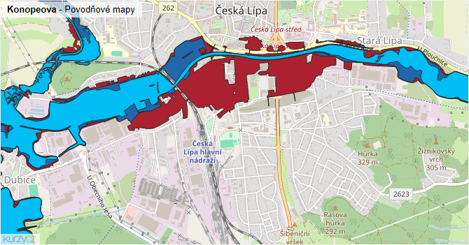 Konopeova - záplavové mapy stoleté vody