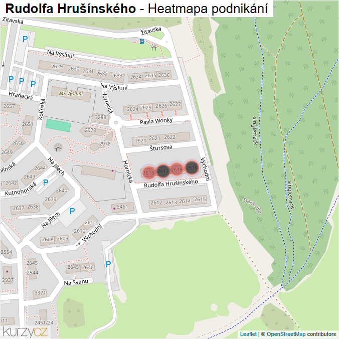 Mapa Rudolfa Hrušínského - Firmy v ulici.