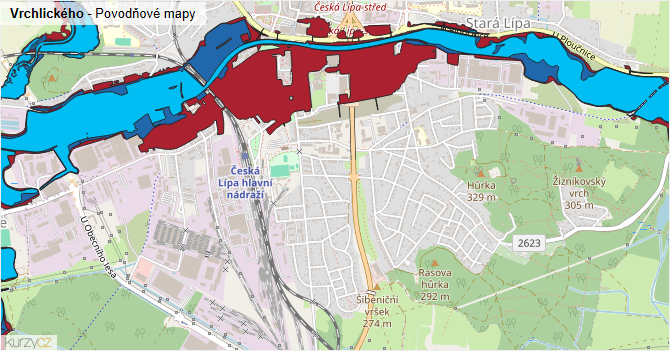 Vrchlického - záplavové mapy stoleté vody