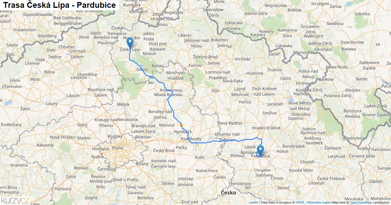 Česká Lípa-Pardubice, mapa trasy