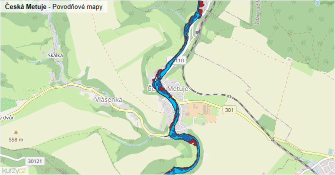 Česká Metuje - záplavové mapy stoleté vody