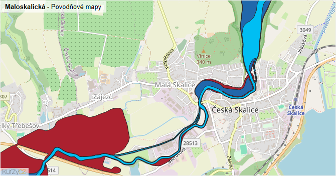 Maloskalická - záplavové mapy stoleté vody
