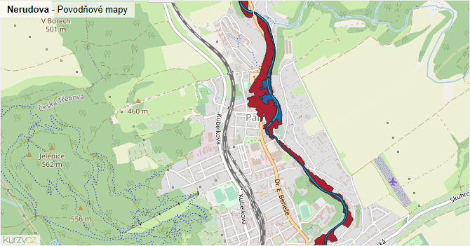 Nerudova - záplavové mapy stoleté vody
