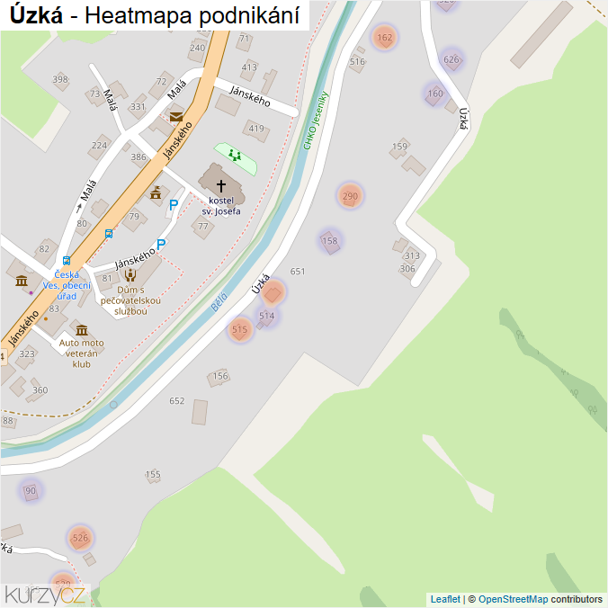 Mapa Úzká - Firmy v ulici.