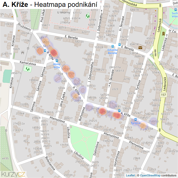 Mapa A. Kříže - Firmy v ulici.