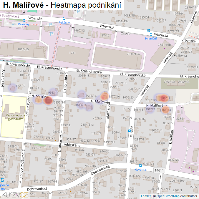 Mapa H. Malířové - Firmy v ulici.