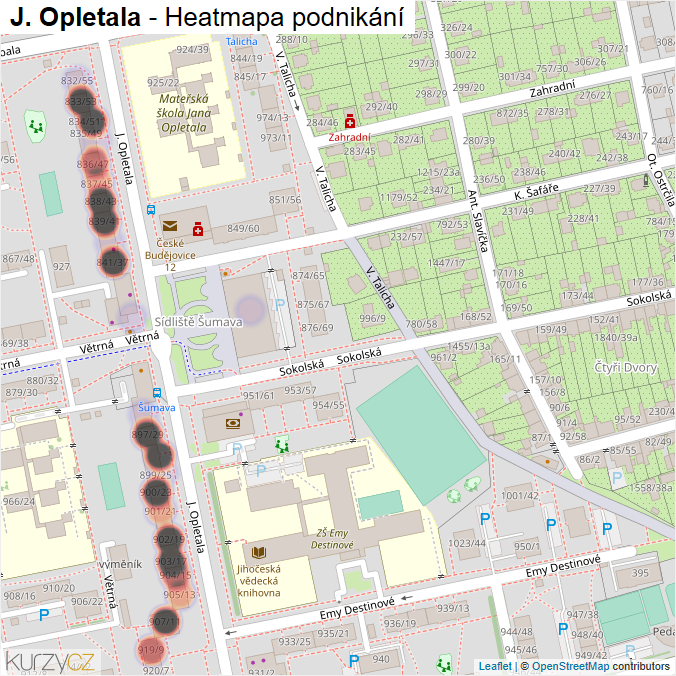 Mapa J. Opletala - Firmy v ulici.