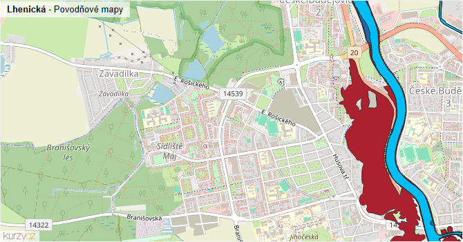 Lhenická - záplavové mapy stoleté vody