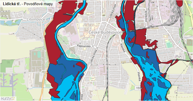 Lidická tř. - záplavové mapy stoleté vody