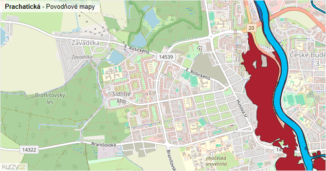 Prachatická - záplavové mapy stoleté vody