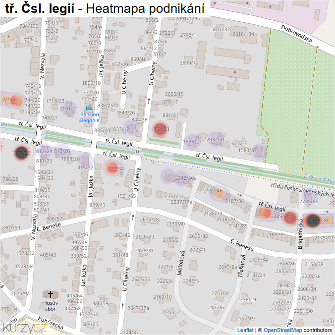Mapa tř. Čsl. legií - Firmy v ulici.