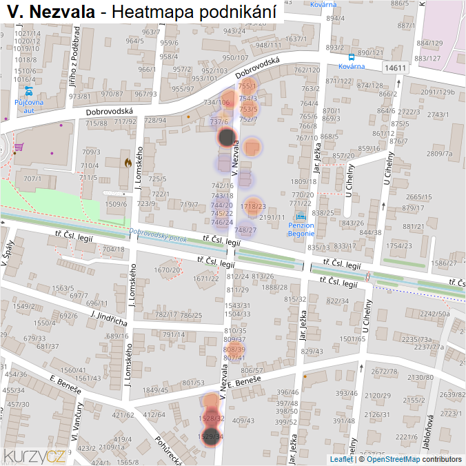 Mapa V. Nezvala - Firmy v ulici.