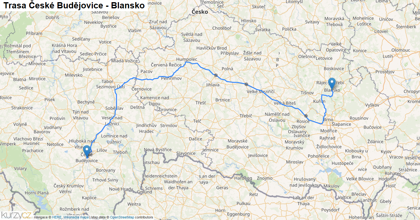 České Budějovice-Blansko, mapa trasy