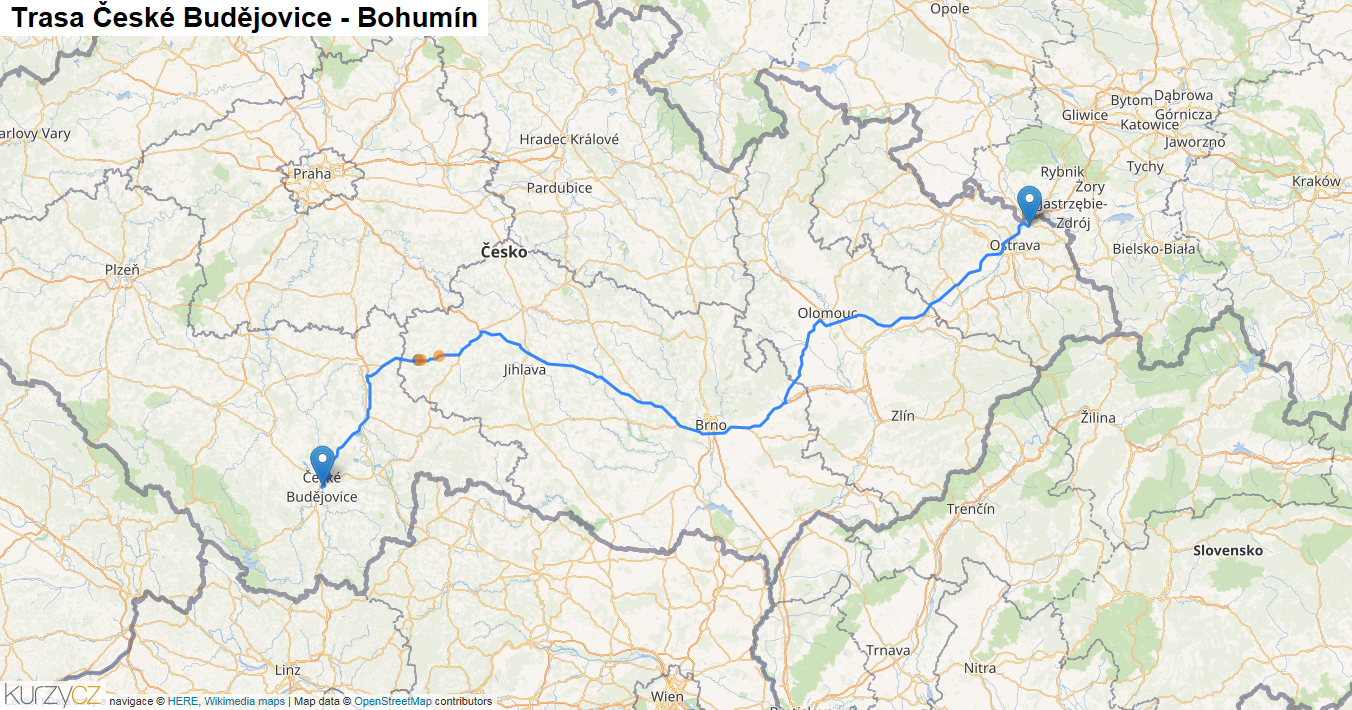 České Budějovice-Bohumín, mapa trasy