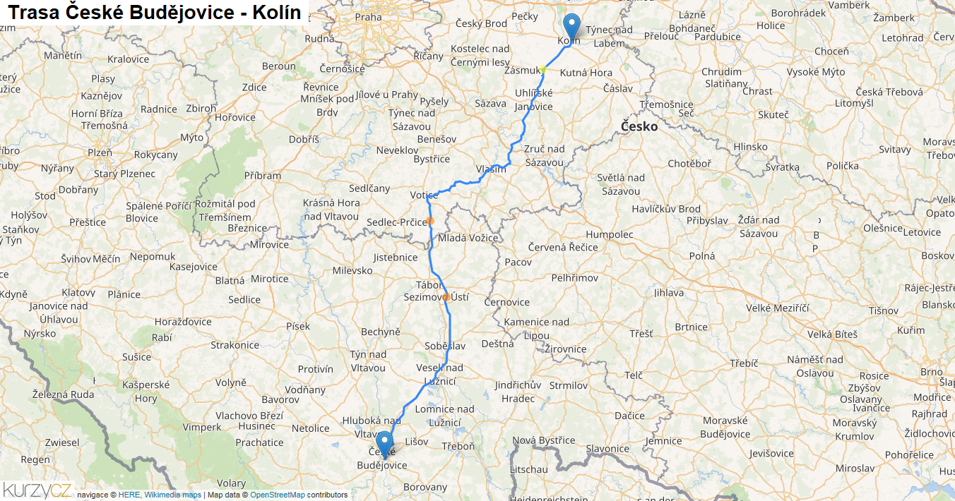 České Budějovice-Kolín, mapa trasy