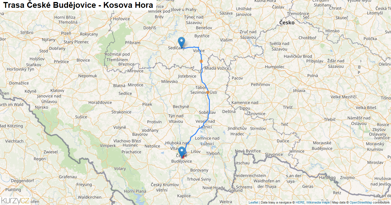 České Budějovice-Kosova Hora, mapa trasy