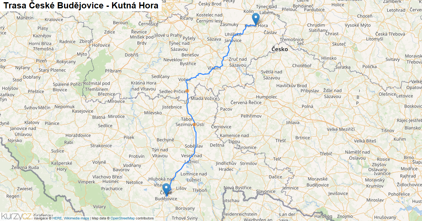 České Budějovice-Kutná Hora, mapa trasy