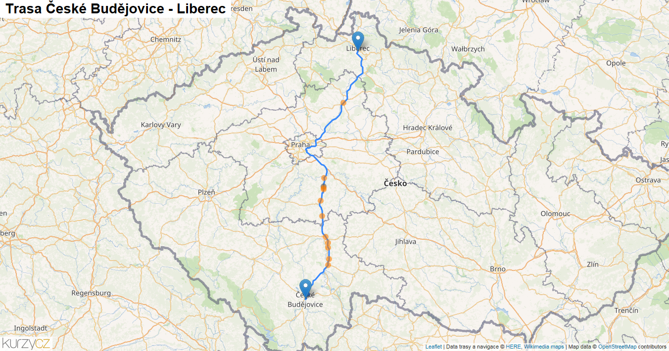České Budějovice-Liberec, mapa trasy