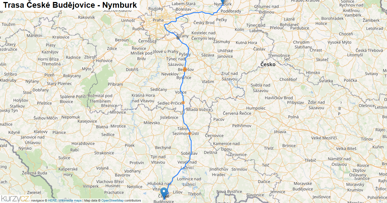 České Budějovice-Nymburk, mapa trasy