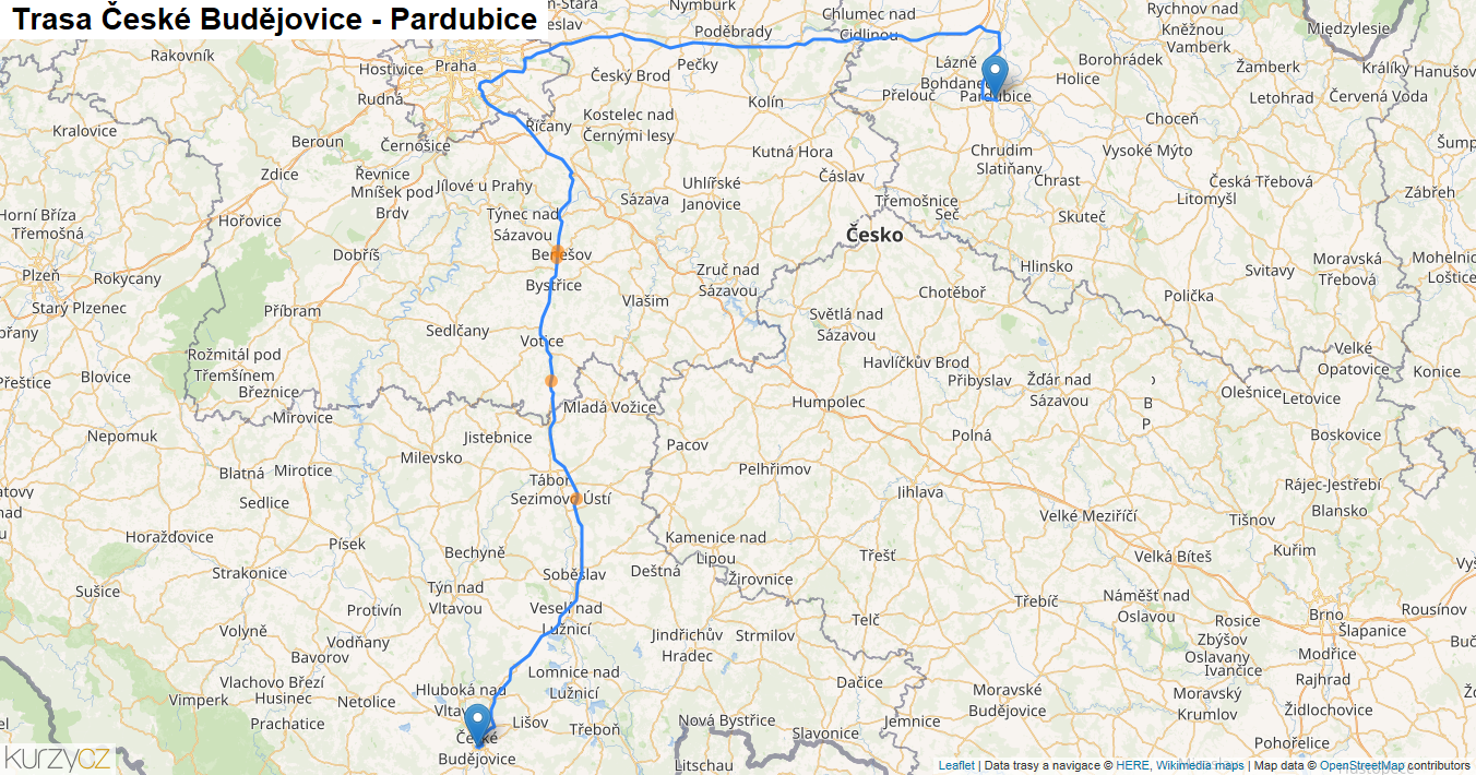 České Budějovice-Pardubice, mapa trasy