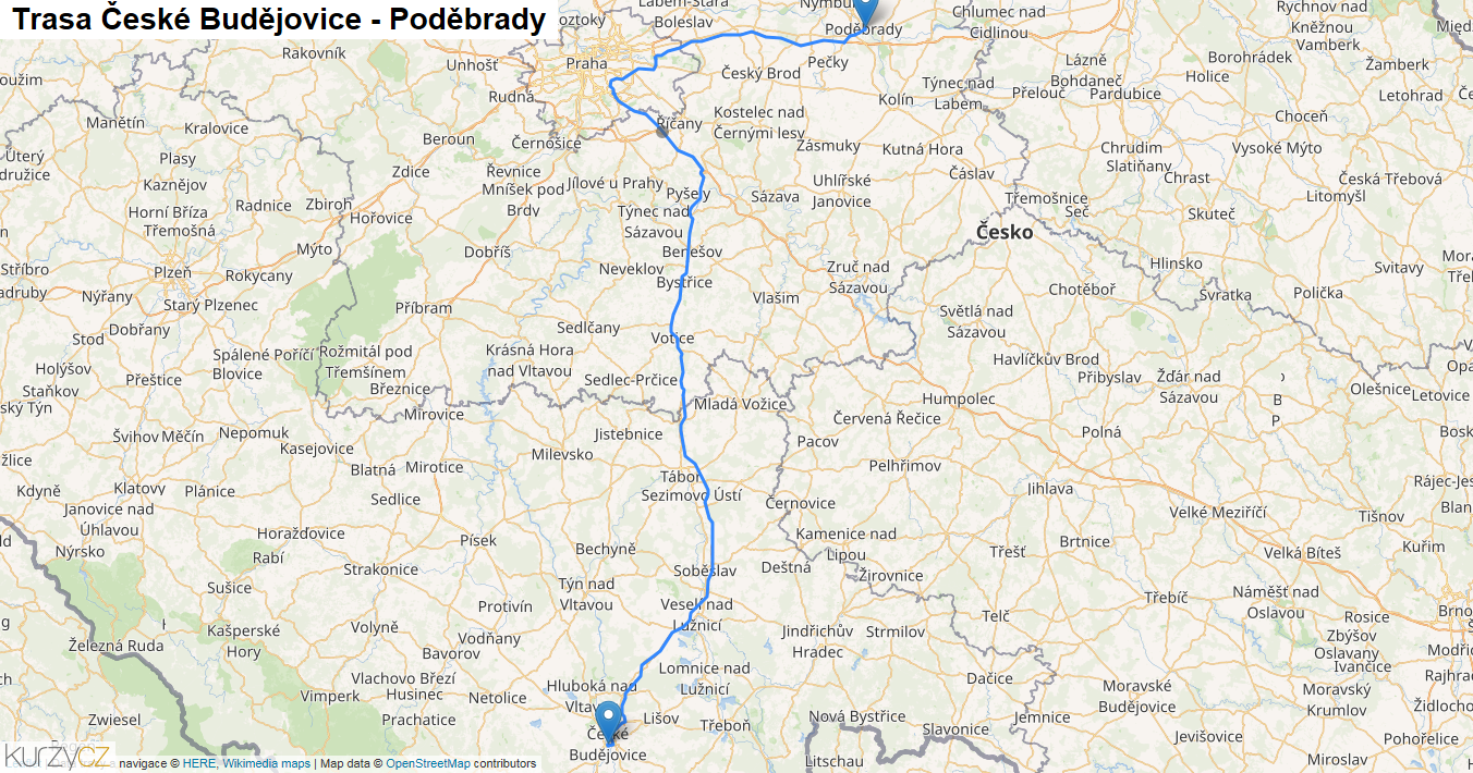 České Budějovice-Poděbrady, mapa trasy