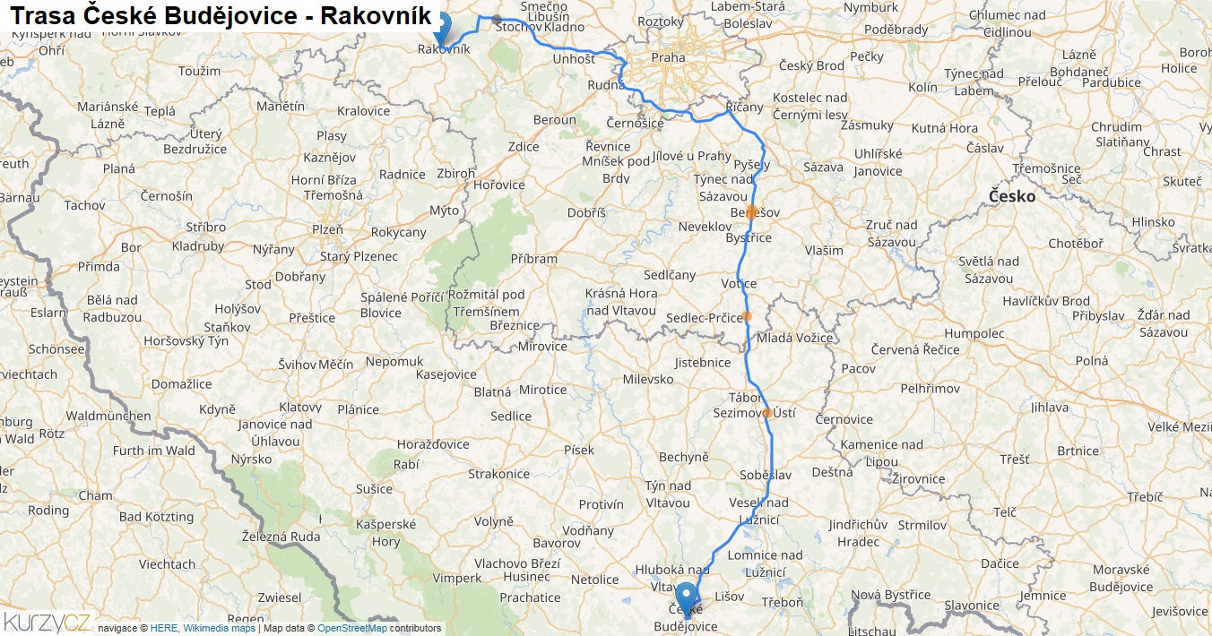 České Budějovice-Rakovník, mapa trasy