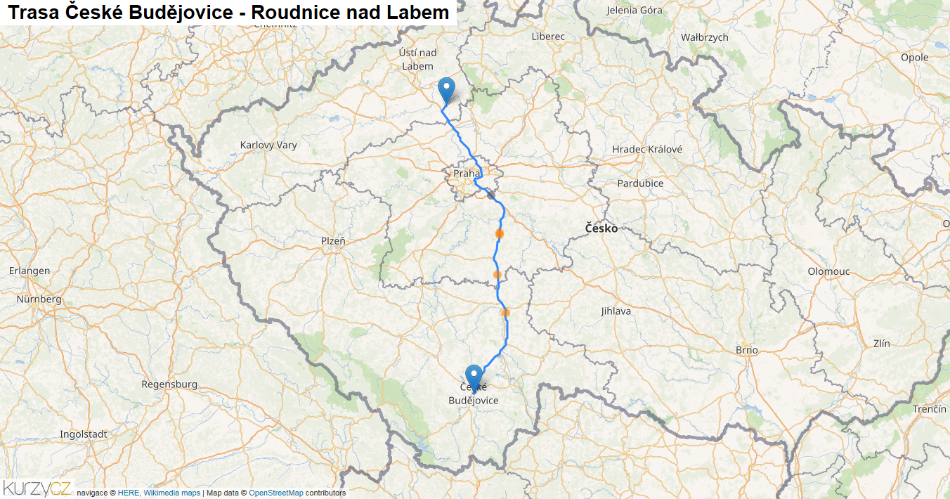 České Budějovice-Roudnice nad Labem, mapa trasy