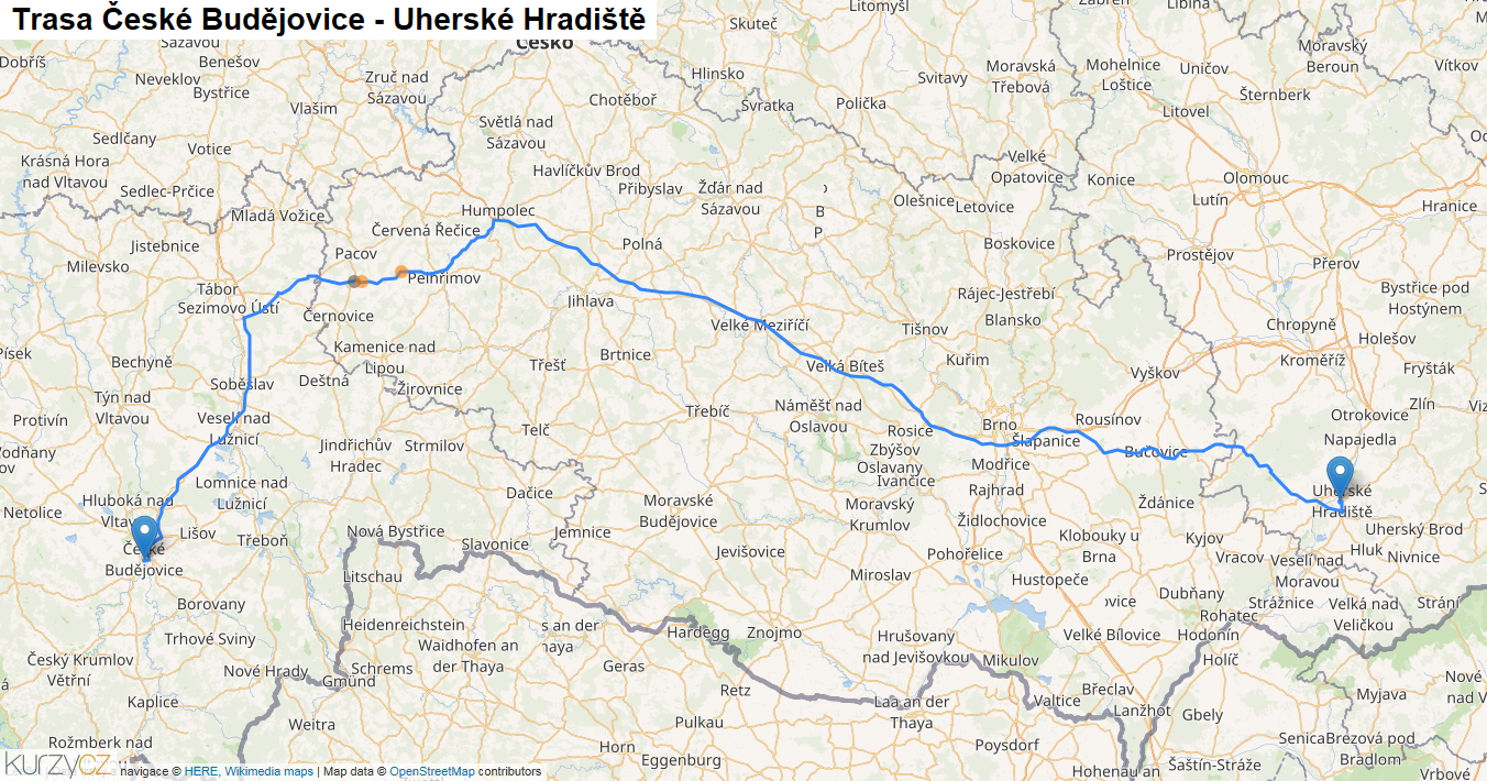 České Budějovice-Uherské Hradiště, mapa trasy