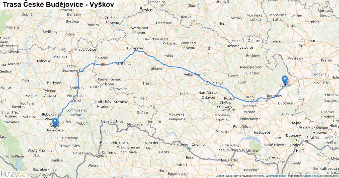 České Budějovice-Vyškov, mapa trasy