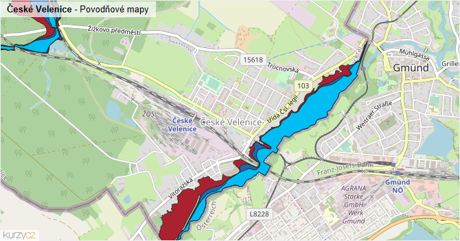 České Velenice - záplavové mapy stoleté vody