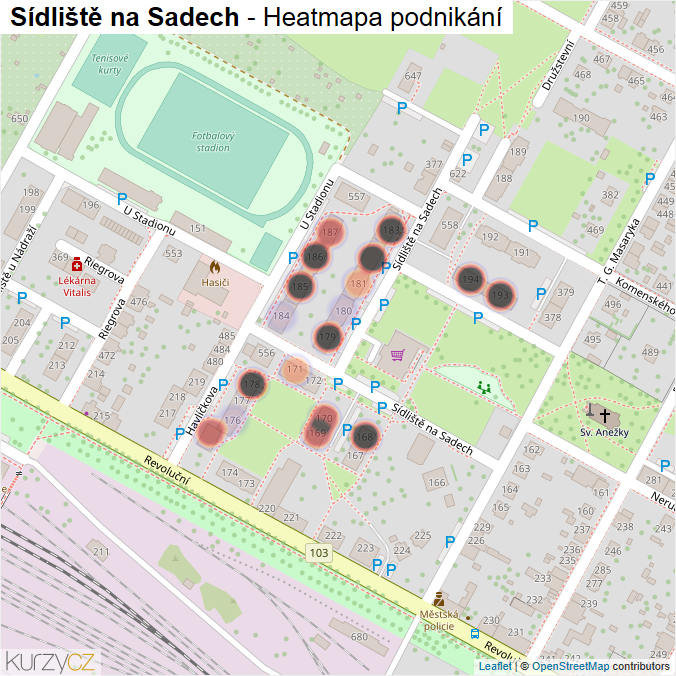 Mapa Sídliště na Sadech - Firmy v ulici.