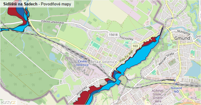 Sídliště na Sadech - záplavové mapy stoleté vody