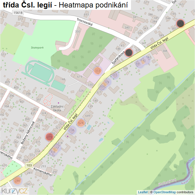 Mapa třída Čsl. legií - Firmy v ulici.