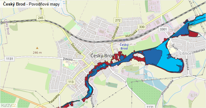 Český Brod - záplavové mapy stoleté vody