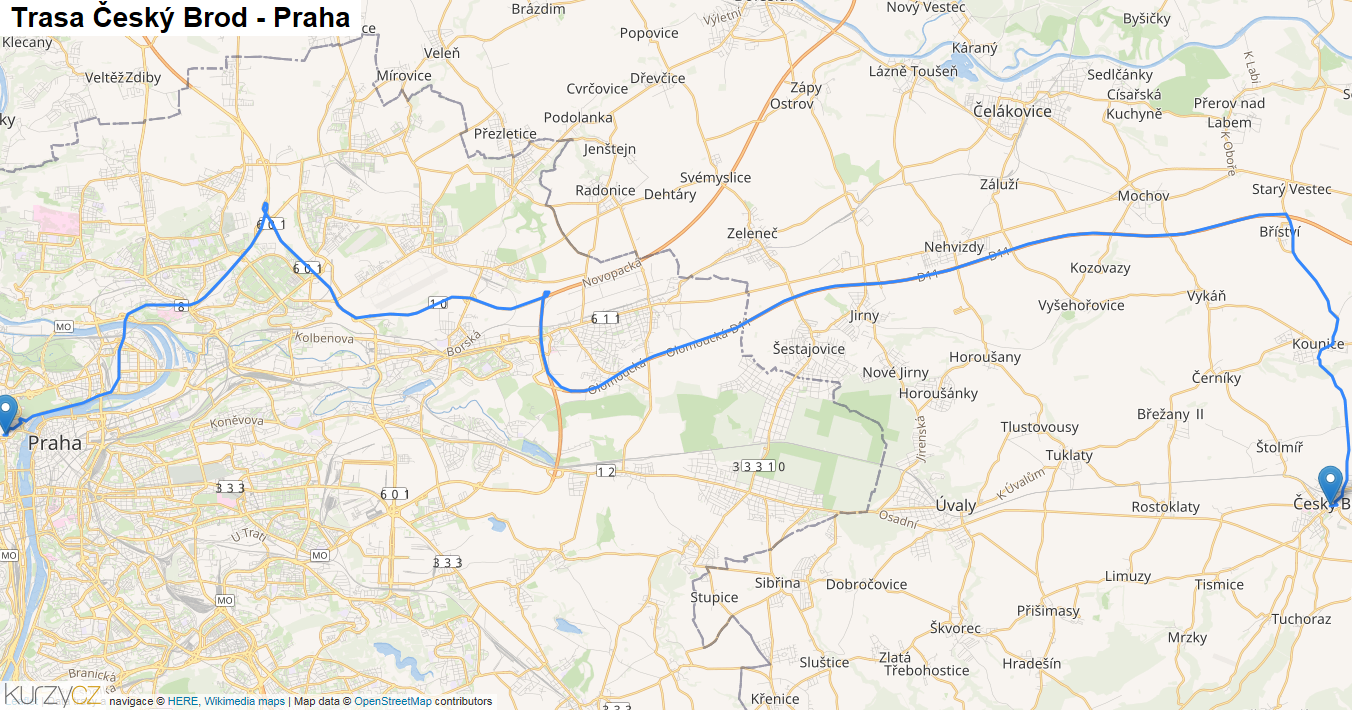 Český Brod-Praha, mapa trasy
