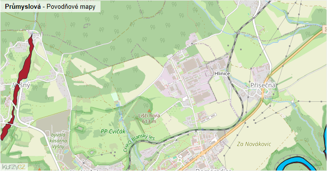 Průmyslová - záplavové mapy stoleté vody