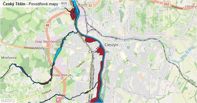 Český Těšín - záplavové mapy stoleté vody
