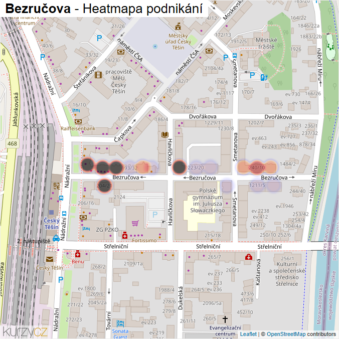 Mapa Bezručova - Firmy v ulici.