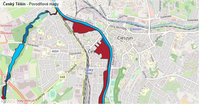Český Těšín - záplavové mapy stoleté vody
