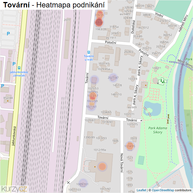 Mapa Tovární - Firmy v ulici.