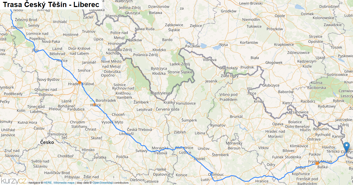 Český Těšín-Liberec, mapa trasy
